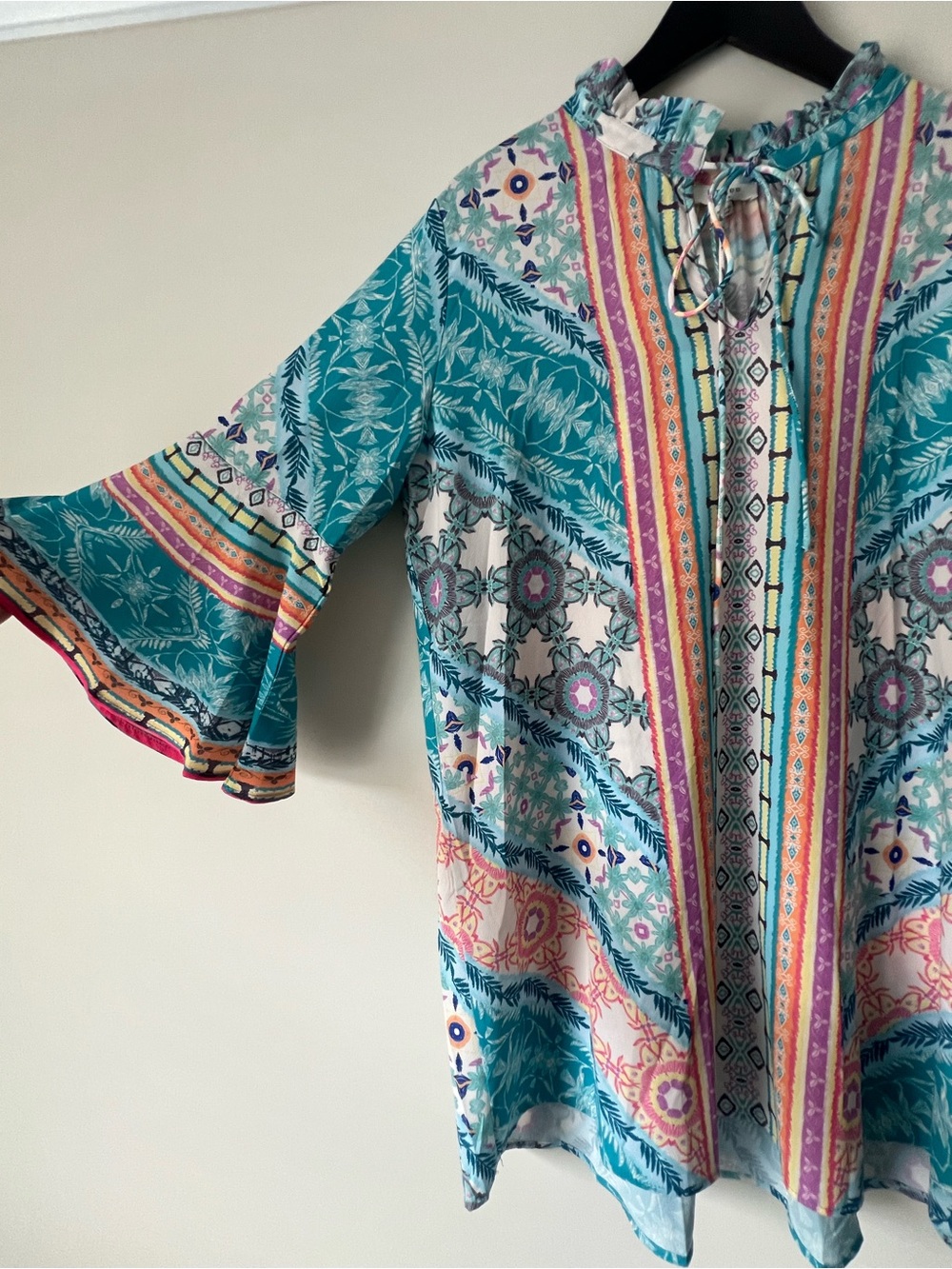 Umgee Teal & Multi-Color Floral Ruffle Tie-Neck Mini Dress - Picture 3 of 11